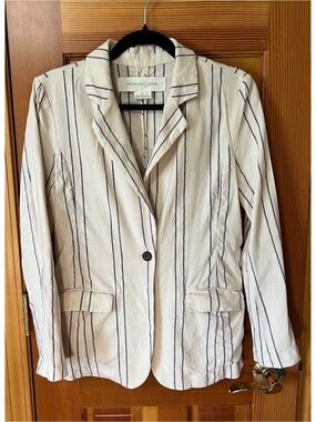 Treasure & Bond Cream Blazer with Navy and Pink Pinstripes